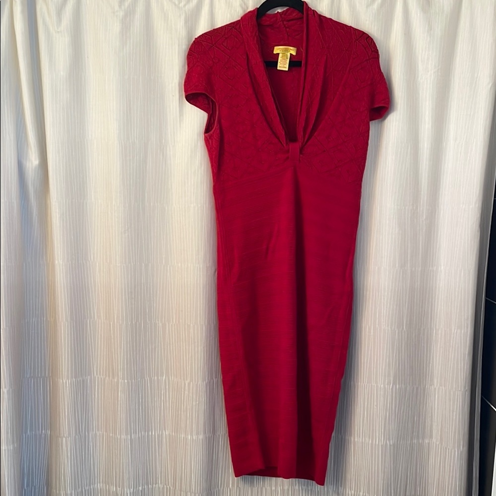 Catherine Malandrino Red Sheath Dress Short Sleeve Plunge (100% Merino Wool)